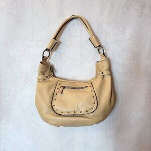 Maxx New York Round Hobo Leather Shoulder Bag Handbag Beige Purse